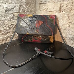 Carlo Fiori Mixed Exotic Leather Fold Over Clutch Shoulder Handbag Purse